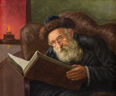 painting of an old man reading a book while sitting in a chair