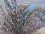 an image of a painting of a tree on a rocky hill