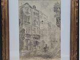 a drawing of a street scene in a gold frame