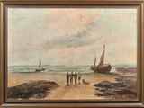 painting of a group of people walking on a beach with a boat in the background