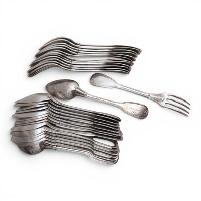 several forks and spoons are arranged on a white surface