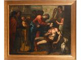 an oil painting of a man being taken from a man ' s chest