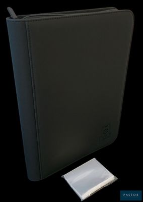 a close up of a black binder with a piece of paper next to it