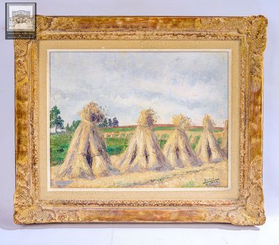 un tableau représentant un groupe de bottes de paille dans un champ