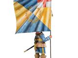 statue of a man holding a flag and a sword on a wooden base