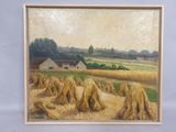 an oil painting of a farm scene with hay bales in the foreground