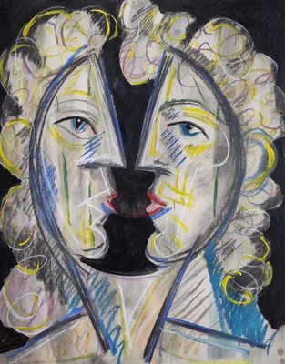 painting of a woman ' s face with a black background