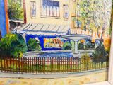 un tableau représentant un bâtiment avec une fontaine devant