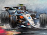 an oil painting of a race car driving through the water