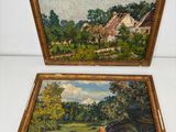 deux tableaux représentant des chevaux dans un champ, avec une maison en arrière-plan