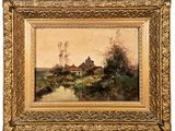 un tableau représentant une scène de campagne avec une rivière et une maison au loin