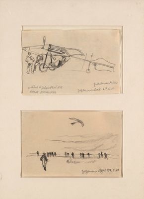 two drawings of people walking on a beach near a plane