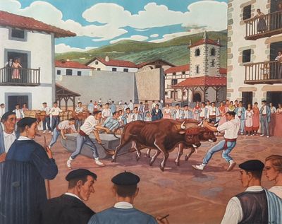 a painting of a bull being led by a group of men