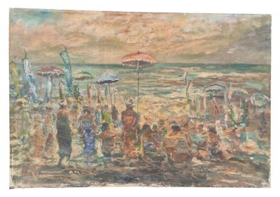 une peinture de personnes sur la plage avec des parasols