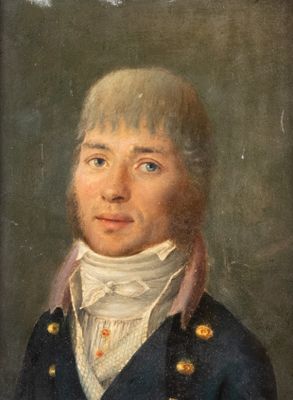 un vieux tableau représentant un homme vêtu d'un manteau bleu et d'une chemise blanche