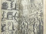 an open book with a drawing of people in a room