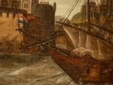 painting of a ship in a harbor with a castle in the background