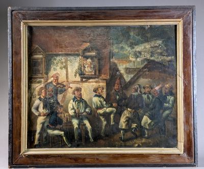 tableau représentant un groupe d'hommes assis autour d'une table dans une pièce