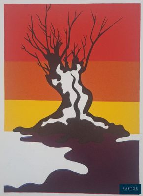 a painting of a tree with no leaves on it in front of a sunset