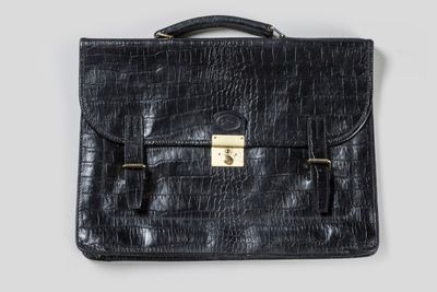black croc embossed leather briefcase with brass hardware
