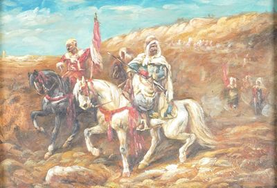 un tableau représentant deux hommes à cheval dans le désert