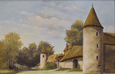 un tableau représentant un château au milieu d'un champ