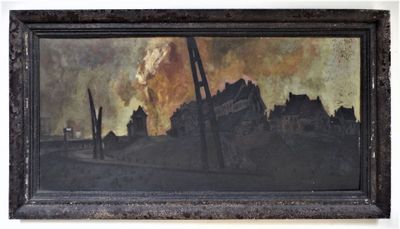 an image of a painting of a city with a fire in the background