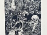 une image représentant un dessin en noir et blanc d'un squelette dans une grotte