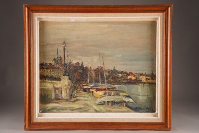 an oil painting of a harbor scene with boats on the water