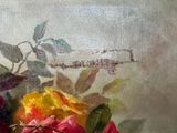 a painting of roses in a vase on a table