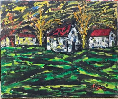 an oil painting of a farm scene with trees and houses