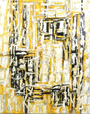 painting of a yellow and black abstract painting on a white background
