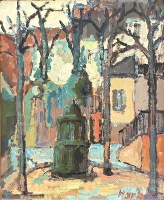 an oil painting of a street scene with a trolley in the foreground