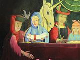 a painting of a group of people sitting at a table