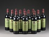 six bottles of red wine lined up in a row on a table