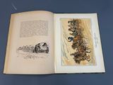 an open book with a drawing of a man on a horse drawn carriage