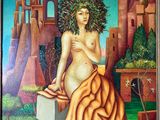 painting of a woman with a tree in her hair sitting on a box