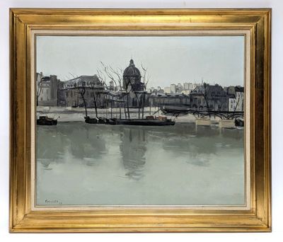 painting of a boat in a body of water with buildings in the background