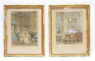 two paintings of a couple of people sitting in a living room
