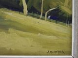 a painting of a blue bench in the middle of a field