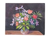 a painting of a vase of flowers on a table