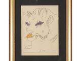 tableau représentant une tête de lion aux yeux violets, dans un cadre doré