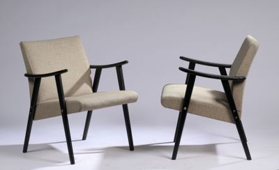 pair of mid - century modern lounge chairs with arms and legs