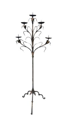 GRAND PIQUE-CIERGES/CANDELABRE en fer forgé à 5 lumières, pi…