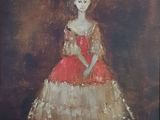 tableau représentant une femme en robe rouge dans une pièce sombre