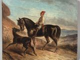 a painting of a man riding a horse with a dog
