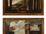 deux tableaux représentant des ruines romaines avec des personnages au premier plan