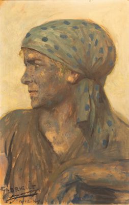 une peinture à l'huile représentant un homme portant un bandana sur la tête