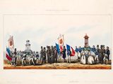 tableau représentant un groupe d'hommes en uniforme militaire, debout les uns à côté des autres