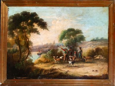 an image of a painting of a group of people and animals by a river